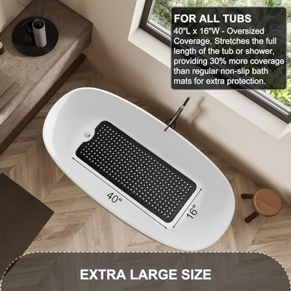 TEESHLY Bath Tub and Shower Mats, Non Slip 40 x 16 Inch Extra Long Bathtub Mat, Machine Washable Bathmat with Drain Holes, Suction Cups for Bathroom Floor, Black - color: Black