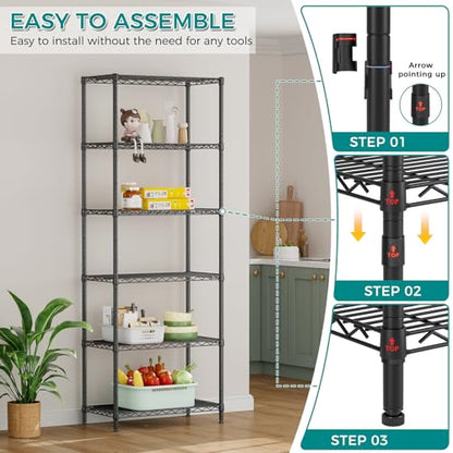 SINGAYE 6 Metal Shelves Wire Shelving Storage Shelf Adjustable Unit Pantry - color: Black, size: 6 Tier 14"Dx24"Wx72"H