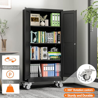 pozdeg 61" Black Lockable Rolling Metal Garage Storage Cabinet - color: Black, size: 13.78"D x 27.56"W x 61"H