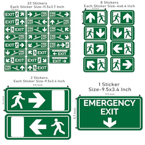 CVANU FIRE EXIT - Safety Sign Board With Running Man With Arrow (Up Down Right Left symbol), EMERGENCY EXIT Sticker With Safety Message-Green colour