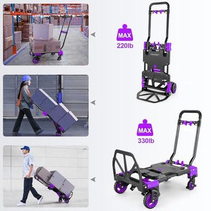 2 in 1 Folding Hand Truck, 330lbs Aluminum Portable Dolly Cart, Purple - color: Purple