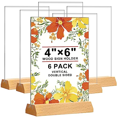 Acrylic Sign Holder 4 x 6 - Wedding Table Number Holder with Wood Base, Double Sided Picture Frames, 6Pack Clear Table Menu Display Stand for Centerpiece,Decoration,Party,Restaurants Office Store