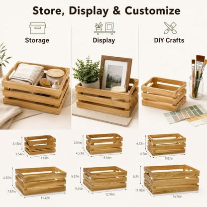 Wooden Crates for Display 6 Pack, Rustic Nesting Wood Crates