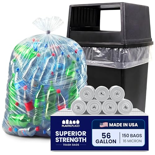 Plasticplace 56 Gallon Trash Bags - Clear High Density Garbage Bags - Heavy Duty, Scent-Free, Large Trash Can Liners for Kitchen, Commercial, & Garden Use 16 Microns, Leak-Proof, 43" x 48" (150 Count)