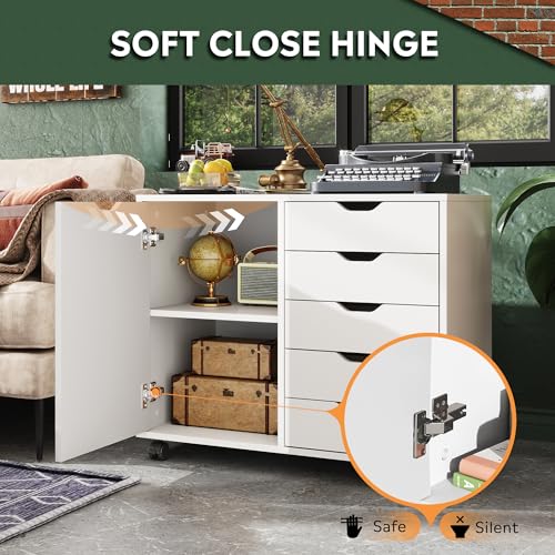 DEVAISE 5-Drawer Wood Drawer Cabinet, Office Storage Cabinet, White - color: White