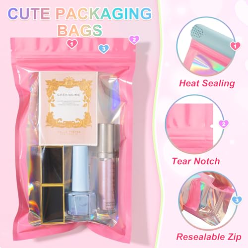 ANZNKU 100PCS Holographic Pink Mylar Bags, Resealable Smell Proof 4.7x7.9 - color: Pink, size: 4.7 x 7.9 Inch