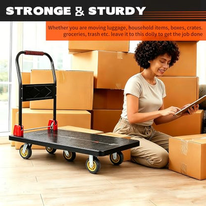 1800 lb Folding Platform Truck Cart with 6" Silent TPR Wheels, Heavy Duty Flatbed Push Cart Dolly, Foldable Moving Utility Cart for Warehouse Garage Office Home, Black - color: 1800 Lb - 51.5" X 25.5"