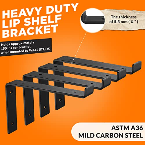 BATODA 10” Shelf Brackets with Lip (Match 9.25" Board) - 6 Pcs Z Shelf Bracket Black - Heavy Duty Hook Brackets for Shelves - Wall Mounted Support for DIY - Shelving Hardware Included (Pack 6) - size: 9.25 Inch