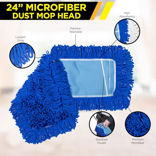 24" Microfiber Dust Mop Pad - Heavy-Duty, Washable & Reusable Mop Head with Looped Fringe for Superior Dust & Dirt Trapping - Lint-Free, Streak-Free Cleaning for Hardwood, Tile & More - size: 24