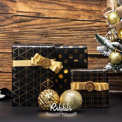 Ribbli Birthday Wrapping Paper Black and Gold Gift Wrap for Father's Day Men Husband Boyfriend Mini Roll, 3 Rolls Geometry Pattern - 17 inch x 120 inch(10feet) Per Roll - color: Black/Gold