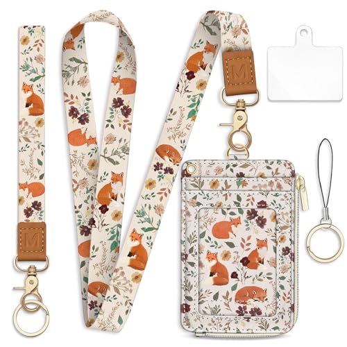 Foxes Lanyard Wallet with Id Badge Holder Keychain for Card Women - color: Foxes Flower