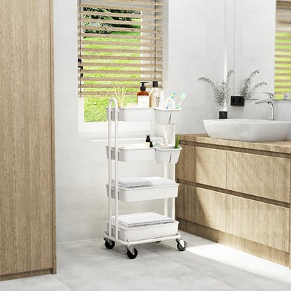 Simple Houseware 4-Tier Rolling Utility Cart with Hanging Bucket, White - color: White, size: 4-Tier
