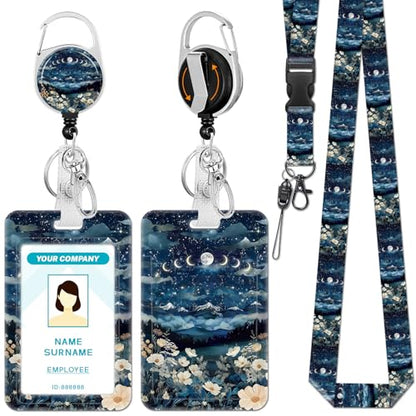 Hancynir Moon Lanyard for Id Badge, Badge Holder Retractable Reel Clip - color: Blue Moon Lunar Mountain