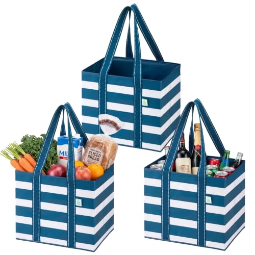 VENO 3 Pack Reusable Grocery Shopping Bags Utility Tote w/Sturdy Handles - color: Classic Navy, size: 3 Pack - 6 Gallon