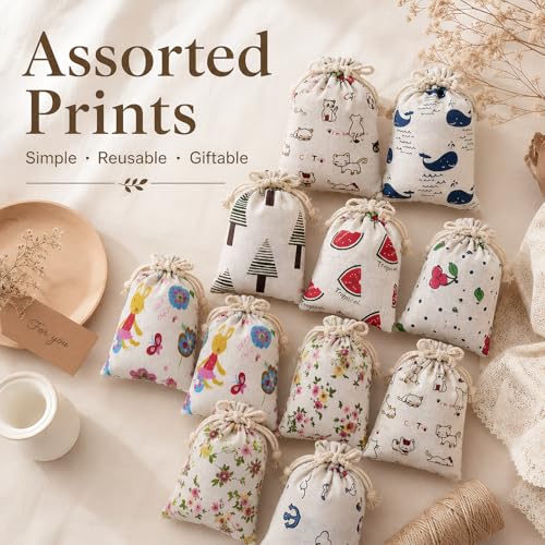 Cotton Drawstring Gift Bags 5x7, 10 Pack Colorful Pouches for Favors - color: Cartoon (Pack of 10)