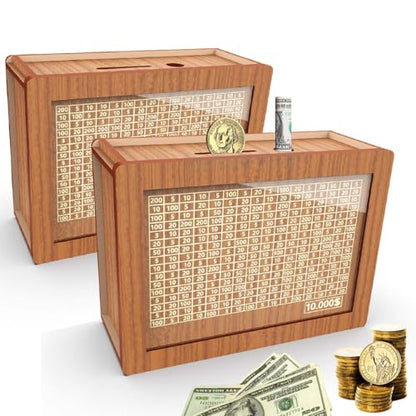 Piggy Bank for Adults Kids, Wooden Coin Bank for Boys and Girls, Cash Vault Money Saving Box with Counter $10000 Savings Challenge Money Box with Money Target and Numbers (2 Pack Brown $10000) - color: 2 Pack Brown $10000