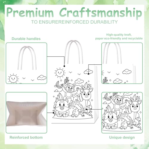 Lyosehy 24Pack Jungle Animal Coloring Paper Bags Color Your Own Animal Bags with Handles Safari Paper Coloring Crafts Art Painting Party Favors Supplies Gifts Wrapping