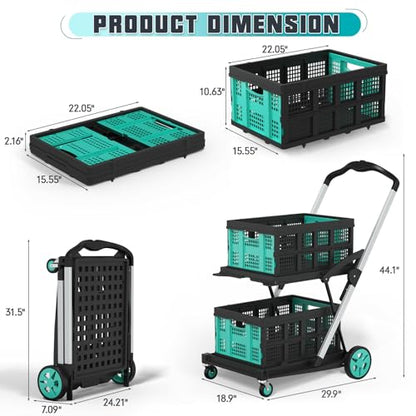 Collapsible Shopping Cart, Foldable Shopping Cart with 2 Storage Crates, 350 LBS Capacity 2-Tier Multi Use Heavy Duty Adjustable Grocery Carts for Supermarket, Office and Outdoor