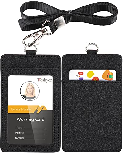 Teskyer Leather ID Badge Holder with Lanyard, Vertical Starry Black - color: Starry Black, size: Vertical