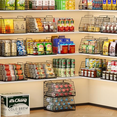 4 Pack XXL Stackable Wire Storage Basket, Extra Large Capacity Pantry Organizer and Storage, Muti-Purpose for Vegetable Fruit Basket & Can Organizer & Snack Rack & Metal Pantry Bin - size: 4 Pack-Wide 15.4"W x 11.8"D