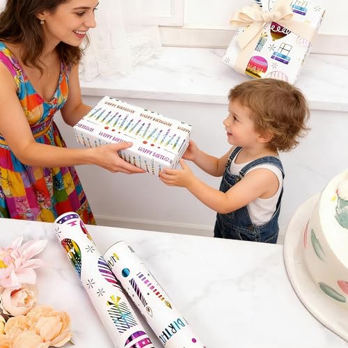 VOWOVOSDAY Happy Birthday Wrapping Paper Roll-3 Rolls-17 inch x 120inch Per roll-Colorful Foil Birthday Wrapping Paper for Valentine's Day,Kids Girls Birthday,Baby Shower(10Balloon&Candle) - color: Iridescent Happy Birthday & Balloon & Candle