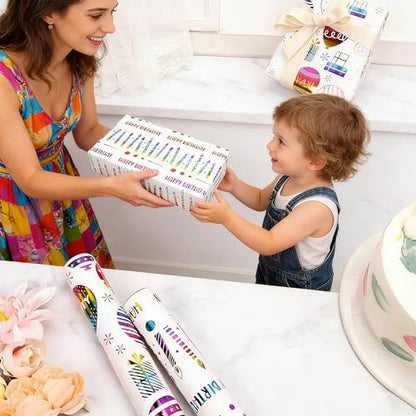 VOWOVOSDAY Happy Birthday Wrapping Paper Roll-3 Rolls-17 inch x 120inch Per roll-Colorful Foil Birthday Wrapping Paper for Valentine's Day,Kids Girls Birthday,Baby Shower(10Balloon&Candle) - color: Iridescent Happy Birthday & Balloon & Candle