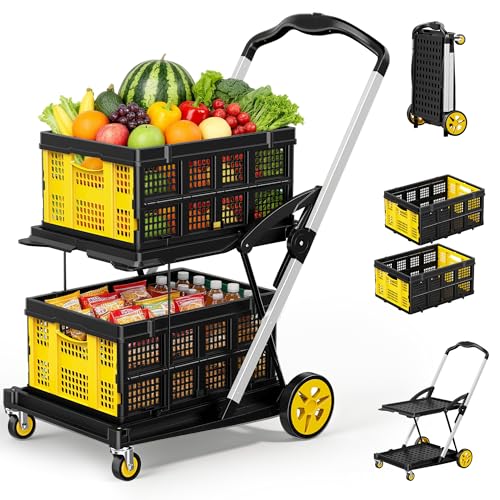 8-in-1 Max 200LBS Collapsible Shopping Cart on Wheels with 2 Storage Crates, Portable Foldable Shopping Cart with Foot Brake for Picnic, Supermarket, Office, Yellow-2026 Upgraded - color: Yellow