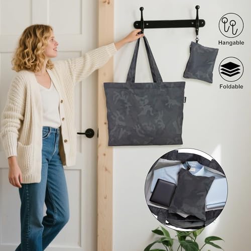 HOLYLUCK Tote Bag with a Detachable Small Bag, Foldable Reusable Grocery Bags 20L Shopping Bag - color: Black Camo