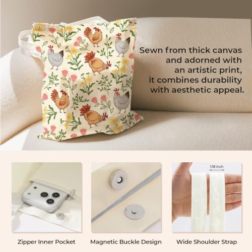 Cute Canvas Tote Bag for Women, Book Totebag with Zipper Pocket - color: Chicken Flowers