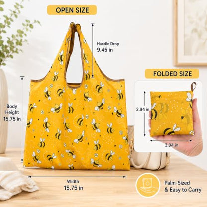 Reusable Shopping Bag, 16 x 16 inch Large Foldable Grocery Hand Tote, Shoulder Waterproof Portable Pocket - color: Yellow Bee