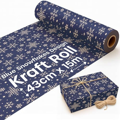 volila Brown Paper Roll 17.5 inch x 50 feet - Blue Snowflakes Kraft Paper Roll for Gift Wrapping Flower Boquet Craft Supplies - Brown Wrapping Paper for Moving Packing Paper - color: Blue Snowflakes