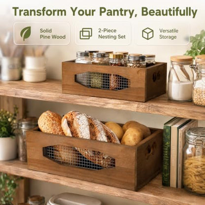 Okllen Set of 2 Wooden Nesting Countertop Baskets, Decorative Wood Storage Box Farmhouse Rustic Crate with Cutout Handles for Bread, Fruit, Vegetables, Kitchen, Bathroom, Pantry Supplies, Brown