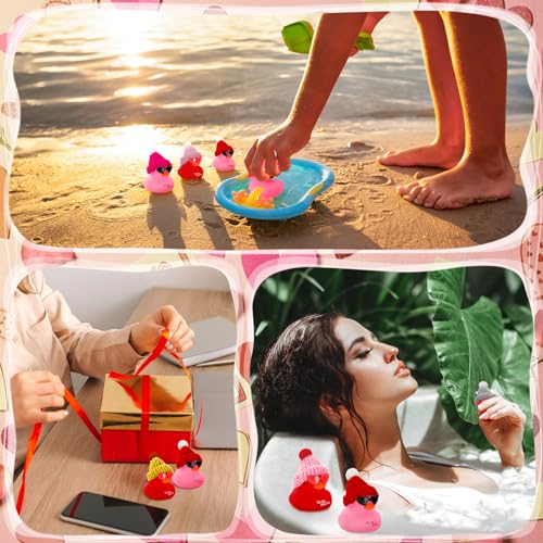 Liliful 24 Sets Pink Red Rubber Ducks with Knit Hat Sunglasses Card Bag - color: Pink Red