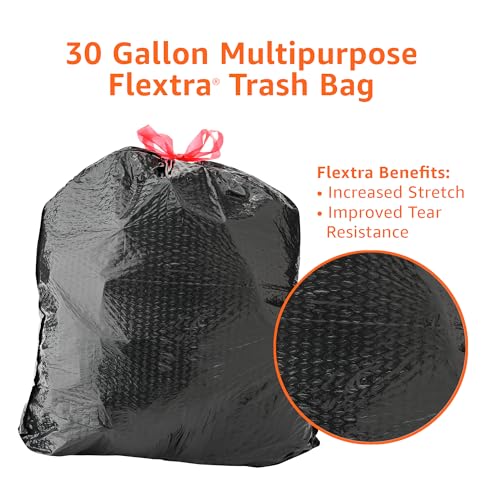 Amazon Basics Flextra Multipurpose Drawstring Trash Bags, 30 Gallon, 50 Count, Tear Resistant