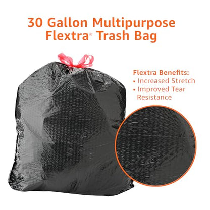 Amazon Basics Flextra Multipurpose Drawstring Trash Bags, 30 Gallon, 50 Count, Tear Resistant