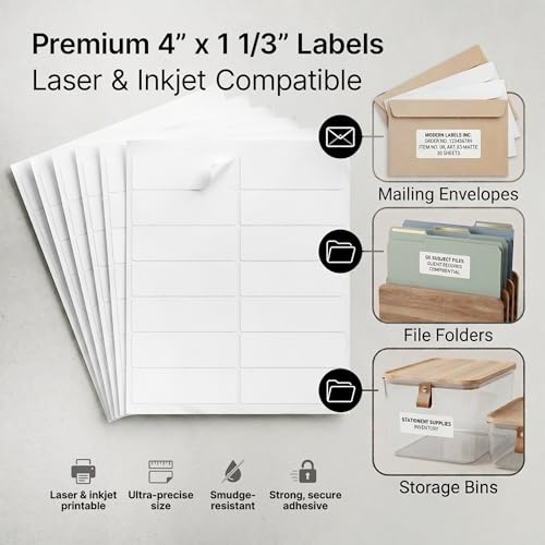 4" X 1.33" Matte White Printable Address Labels (30 Sheets, 420 Stickers) - size: 4" X 1-1/3"