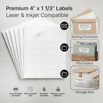 4" X 1.33" Matte White Printable Address Labels (30 Sheets, 420 Stickers) - size: 4" X 1-1/3"