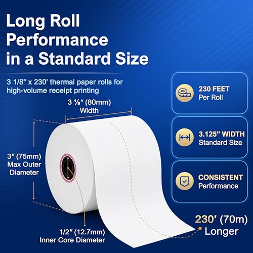 3 1/8 x 230 Thermal POS Rolls for Epson Printers, BPA Free Thermal Printing Compatible with TM-T88 TM-T70 TM-T80 TM-T85 TM-H6000 T90 Series, Credit Card Machine & POS Printer Supplies, Pack of 12 - size: 12 rolls