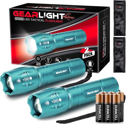 GearLight LED Flashlight High Lumens, Mini Tactical LED Flashlight 2 Pack, 5 Modes Zoomable Beam, Battery Powered for Camping, Hunting, Home & Emergency, Compact Small LED Flashlight (Light Blue) - color: Light Blue