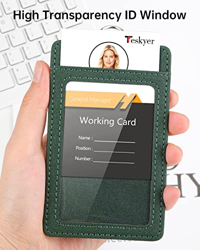 Teskyer Leather ID Badge Holder with Lanyard, Vertical Starry Dark Green - color: Starry Dark Green, size: Vertical