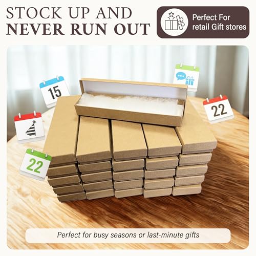 RJ Displays 25 Pack Cotton Filled Cardboard Paper Jewelry Bracelet, Watch, Necklace, Jewelry Set, Gift Retail Packaging (Brown, 8" x 2" x 1")