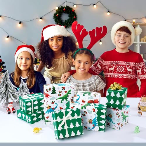 WERNNSAI Dinosaur Christmas Wrapping Paper Jumbo Roll 33 ft Green Dino Kids - color: Christmas Dinosaur C