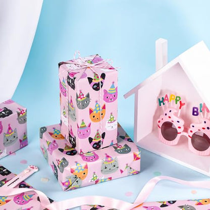 WRAPAHOLIC Kitty Cat Wrapping Paper Roll - Mini Roll - 17 Inch x 33 Feet - Pink Adorable Birthday Kitty Design, Perfect for Kids Girls Birthday, Baby Shower, Cat Lover - color: Birthday - Pink Cat
