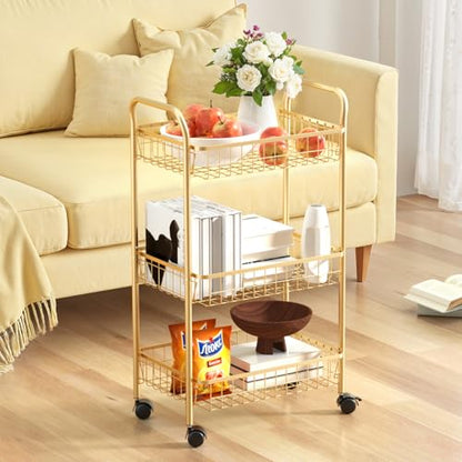 3 Tier Rolling Utility Cart, Storage Trolley Service Cart with Wheels Easy Assembly for Kitchen, Living Room, Office, Salon, Gold