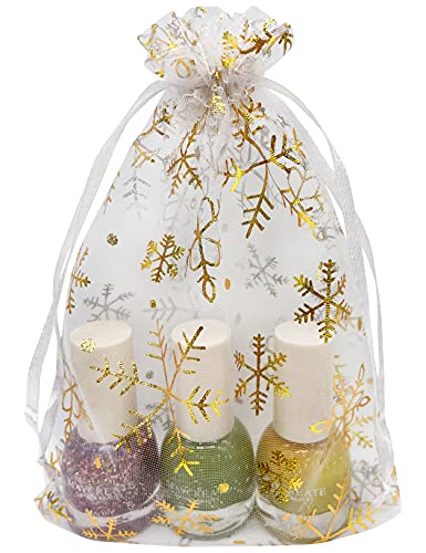 Jexila 100PCS Christmas Organza Gift Bags 4X6 inches Small Mesh Christmas Drawstring Goodie Candy Treat Bags for Holiday Xmas Party Favor - color: Gold Snowflake 4X6