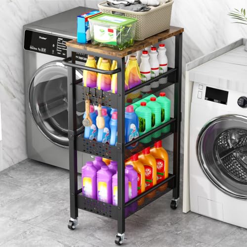 Vivihomety 4-Tier Laundry Utility Rolling Cart with Wheels, Metal - color: Black, size: 8.1 inch wide