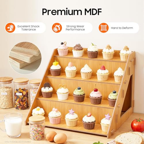 4 Tier Retail Display Stands 4 Pcs Set Cake Dessert Countertop Display Stand Log Color Triangular Display Rack for Stores Offices Homes Parties