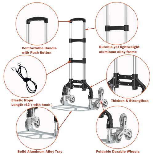200LBS Stair Climbing Cart, Folding Hand Truck Dolly, Grocery Shopping Cart with Mute Wheels, Aluminum Hand Truck for Luggage, Travel, Shopping - style: 220 lbs, 6 Wheels