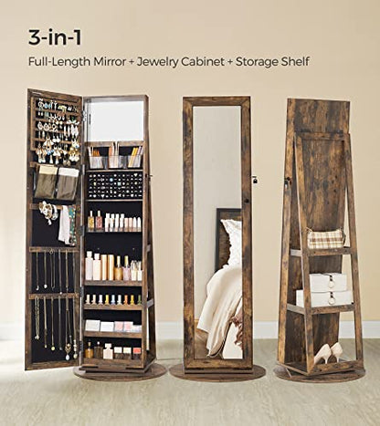 SONGMICS 360° Swivel Jewelry Cabinet, Full-Length Mirror, Lockable - color: Rustic Brown, style: Framed Mirror, Classic