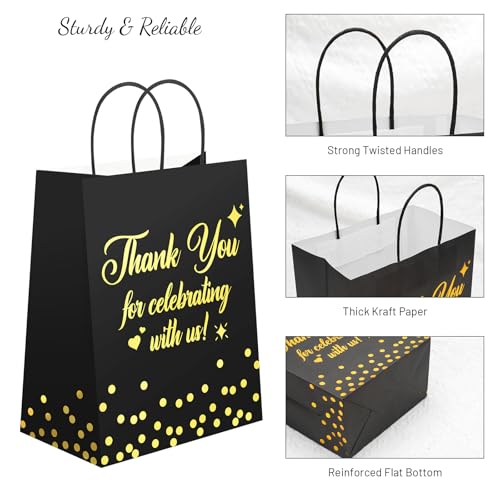 QIELSER 30 Pack Thank You Gift Bags, Black and Gold Wedding Gift Bags for Guests, 8 x 4.75 x 10 in Thickened Kraft Paper Bags with Handles, Wedding Welcome Bags for Parties, Showers & Events - color: Black
